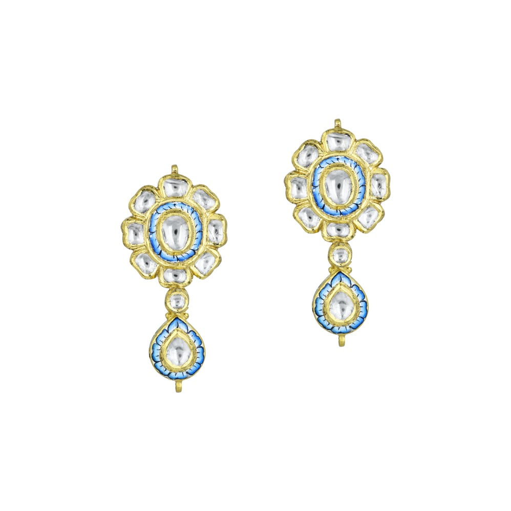 Turquoise Enamel Polki Floral Earrings