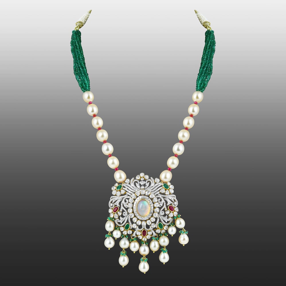 Opal Polki Pendant Necklace with Emeralds and Pearl Strands