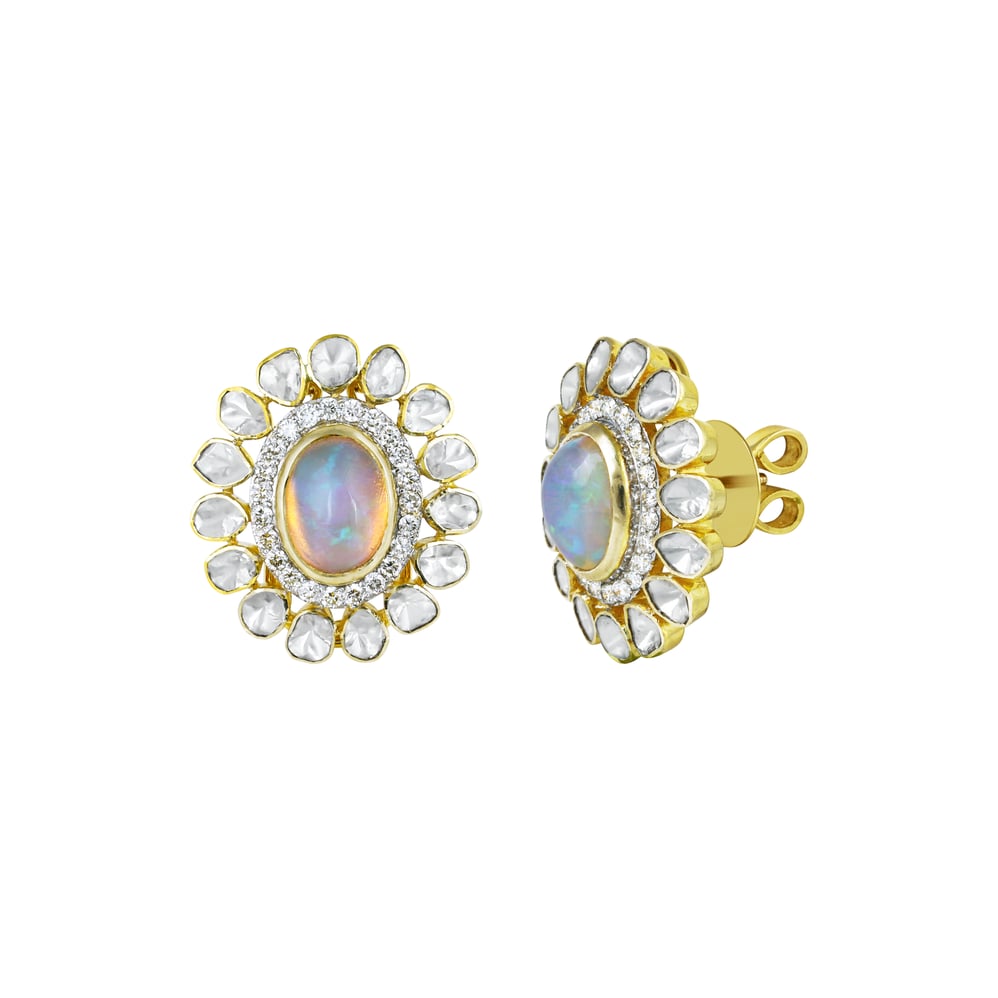 Opal Polki Floral Stud Earrings with Diamond Halo