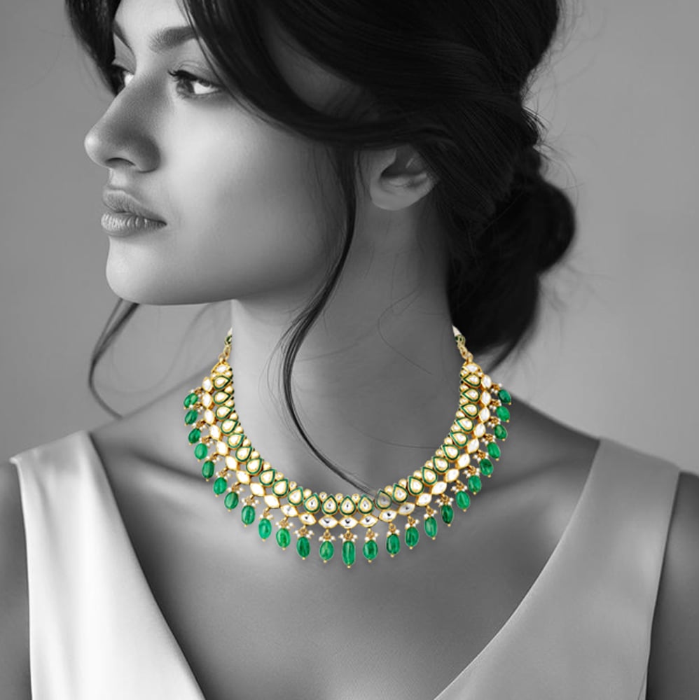 Pear-Shaped Polki Necklace with Green Meena and Emerald Drops