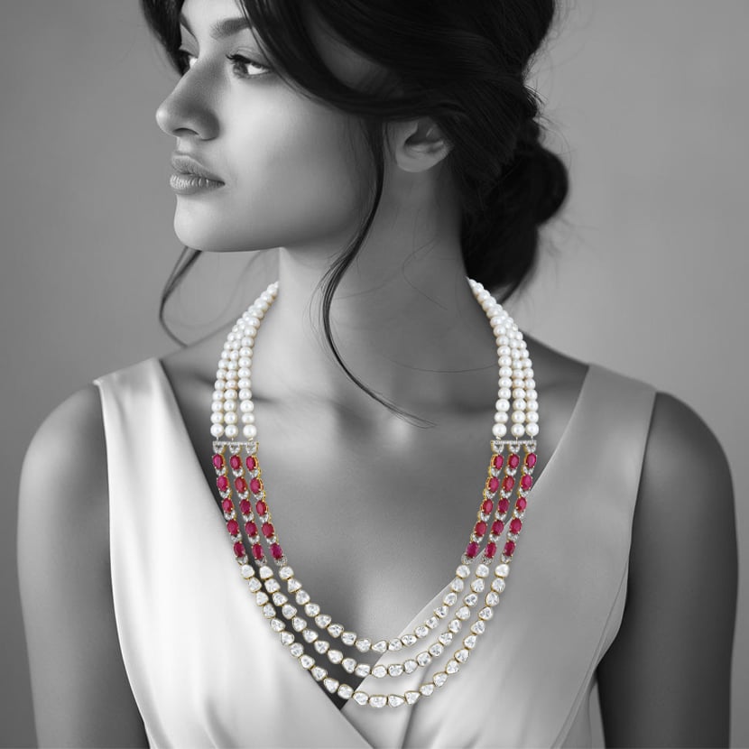 Three-Layer Polki Necklace with Rubies and Pearl Strings