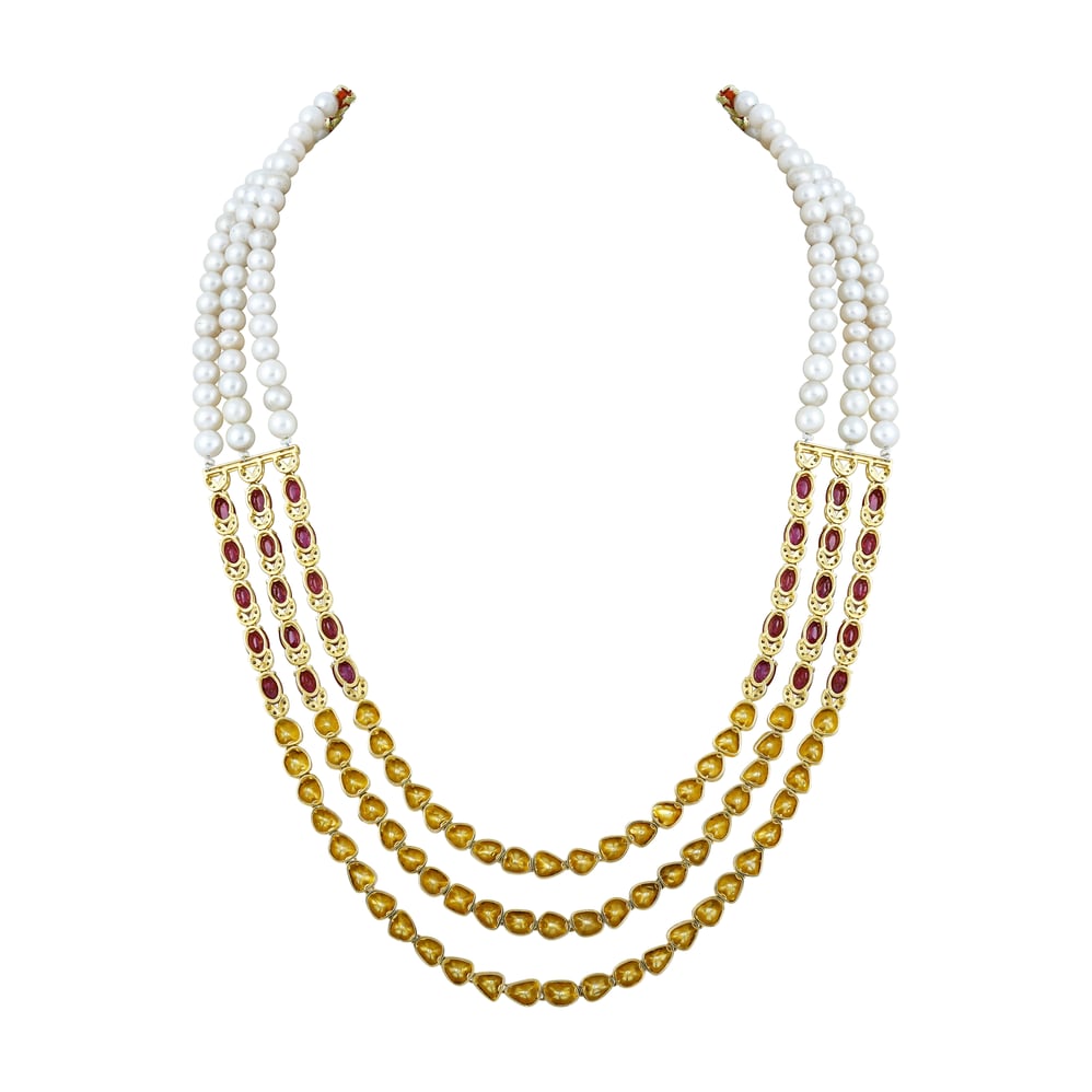 Three-Layer Polki Necklace with Rubies and Pearl Strings