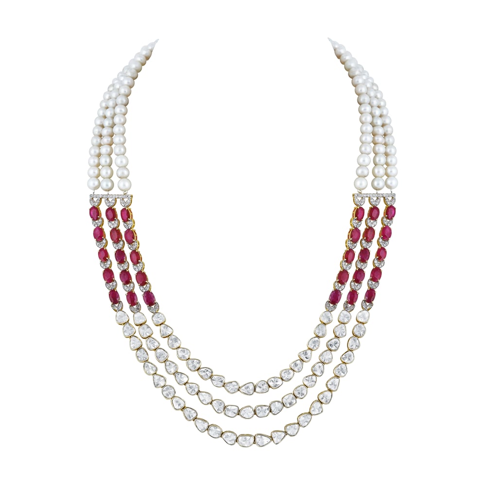 Three-Layer Polki Necklace with Rubies and Pearl Strings