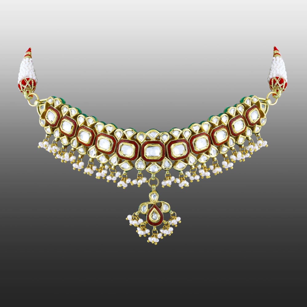 Polki Choker with Red Enamel and Graceful Pearl Clusters