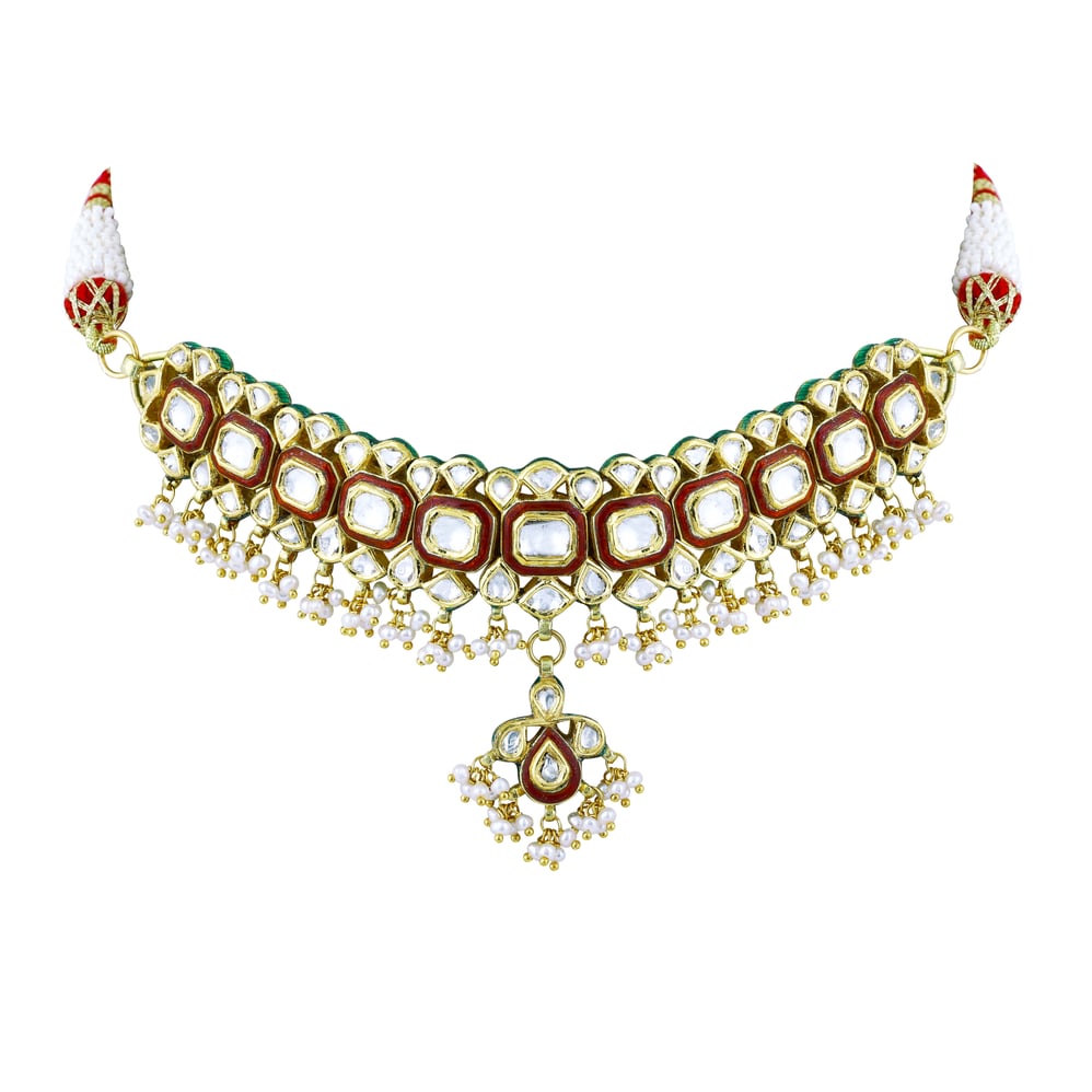 Polki Choker with Red Enamel and Graceful Pearl Clusters