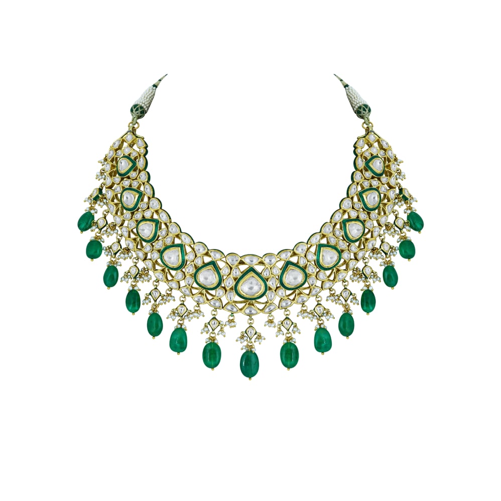 Polki Necklace with Green Enamel and Emerald Drops