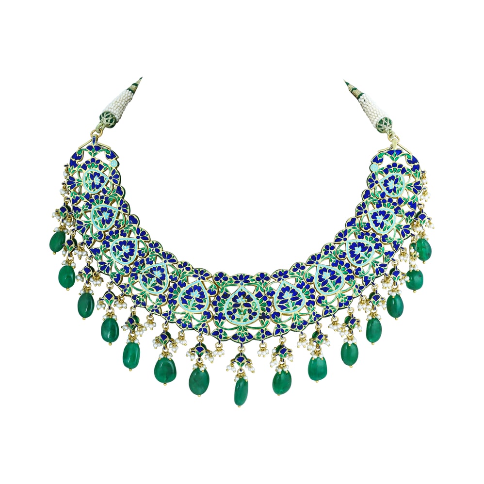 Polki Necklace with Green Enamel and Emerald Drops