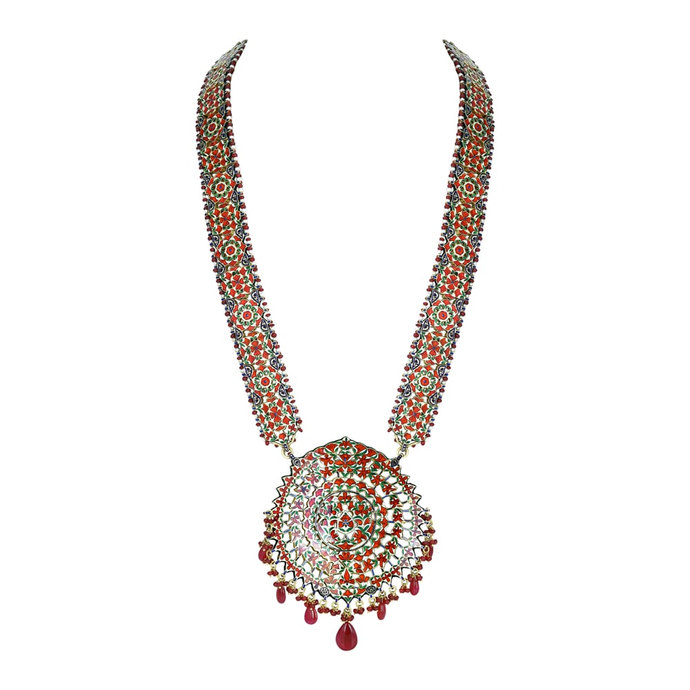 Polki Patri Haar Necklace with Spiral Pendant and Ruby Drops