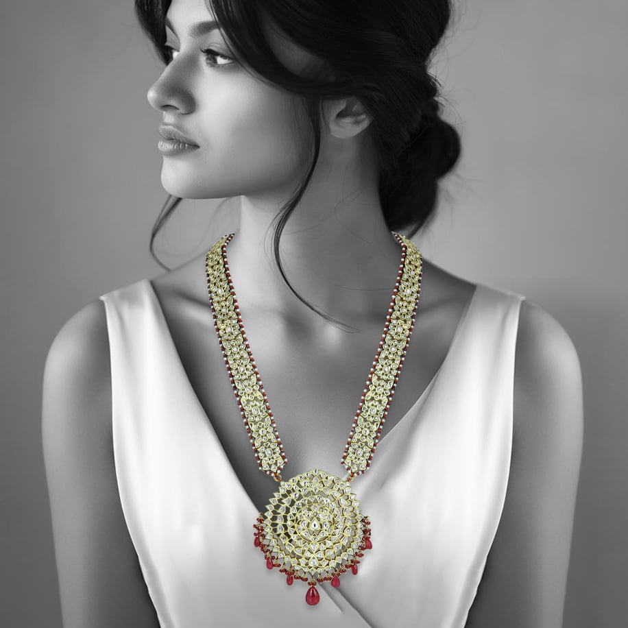 Polki Patri Haar Necklace with Spiral Pendant and Ruby Drops