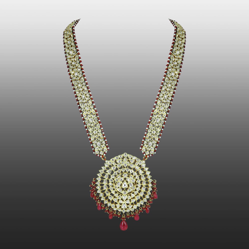 Polki Patri Haar Necklace with Spiral Pendant and Ruby Drops