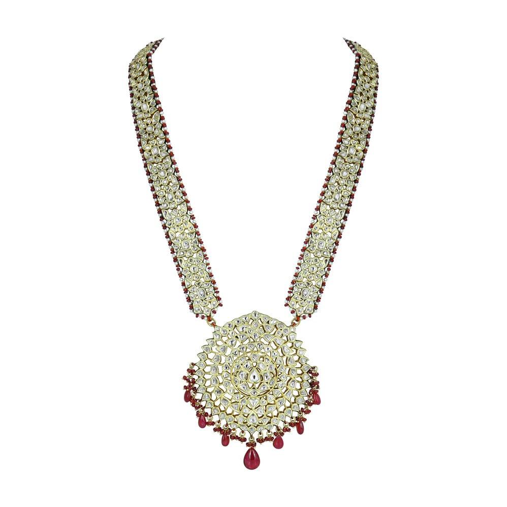 Polki Patri Haar Necklace with Spiral Pendant and Ruby Drops