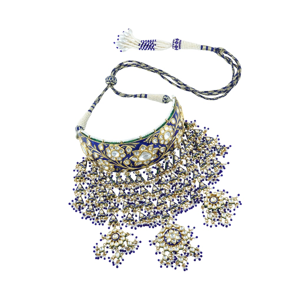Blue Meenakari Polki Choker with Cascading Drops and Tri-Pendants