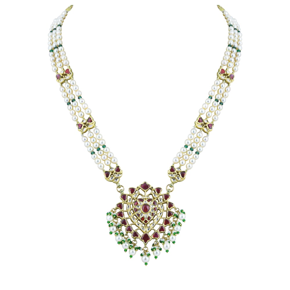 Pearl Pendant Necklace with Emerald Beads and Ruby Colour stones