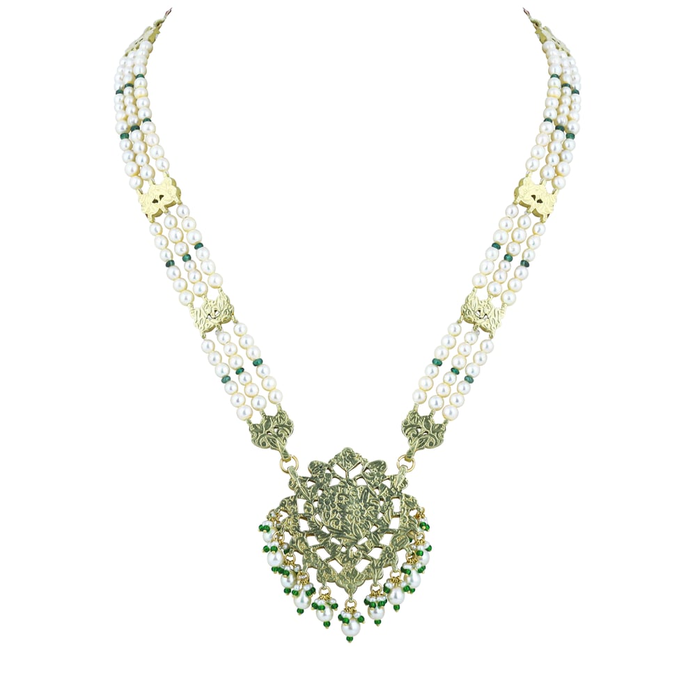 Pearl Pendant Necklace with Emerald Beads and Ruby Colour stones