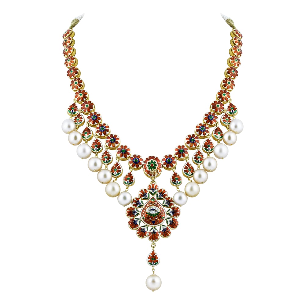 Polki Necklace with Pearl Drops and Central Motif