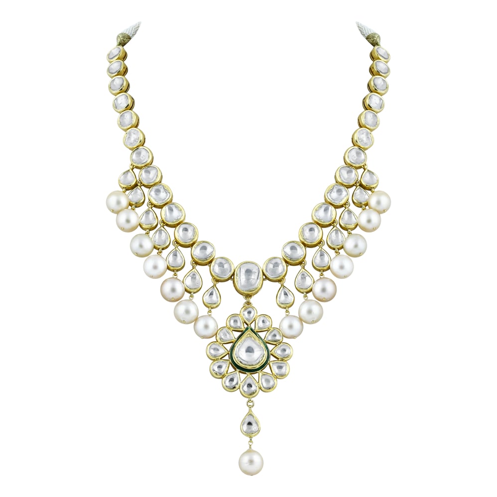 Polki Necklace with Pearl Drops and Central Motif