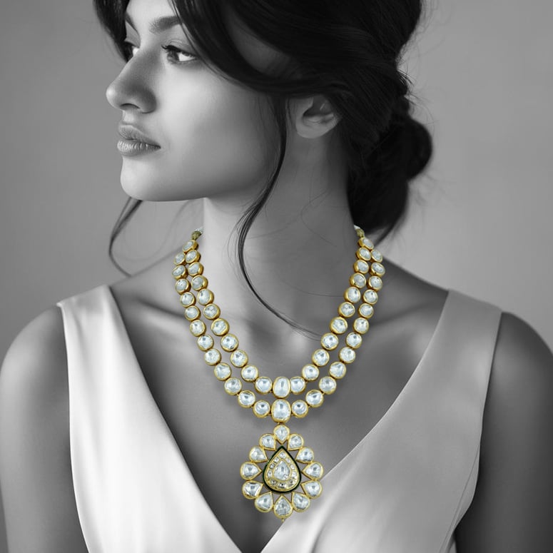 Double-Layer Polki Necklace with Floral Pendant