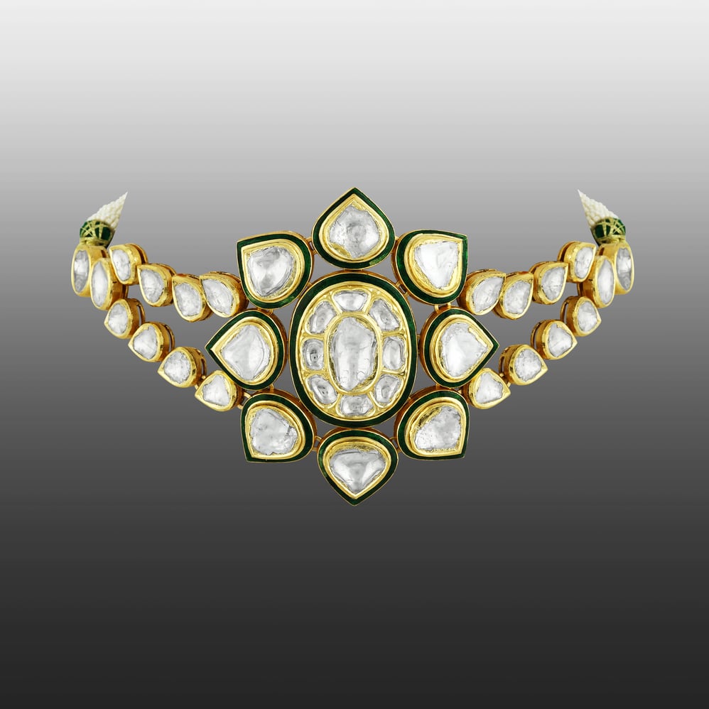Flower Polki Choker with Green Enamel and Dual Polki Strings