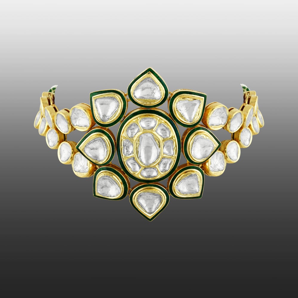 Floral Polki Choker with Green Enamel and Dual Polki Strings