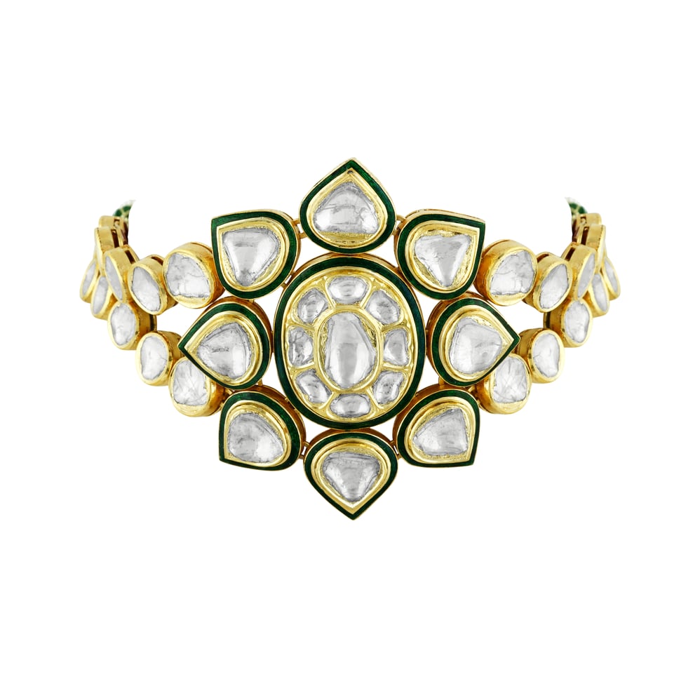 Floral Polki Choker with Green Enamel and Dual Polki Strings