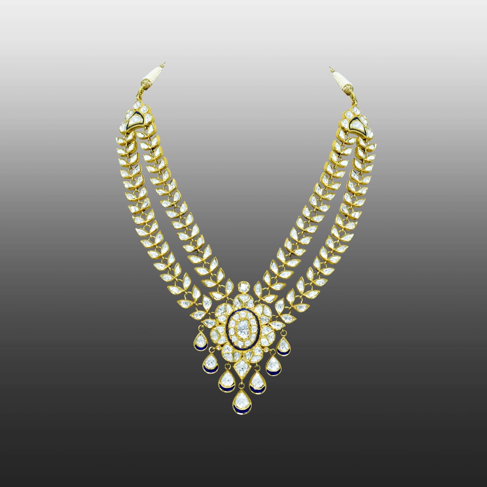 Gold Polki Necklace with Twin Petal Lines and Floral Center