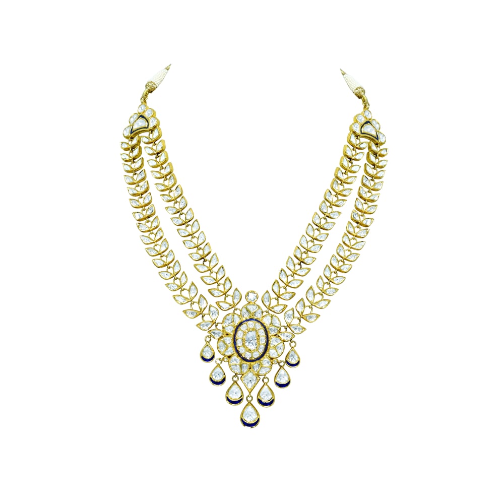 Gold Polki Necklace with Twin Petal Lines and Floral Center