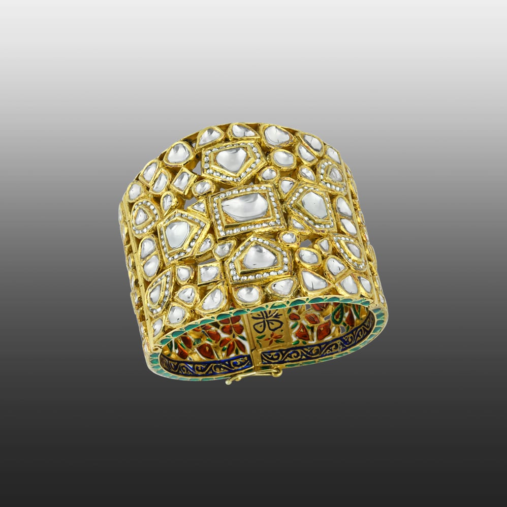 Broad Polki Cuff Bangle with Geometric Patterns