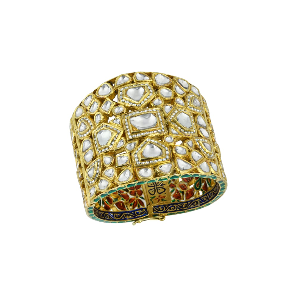 Broad Polki Cuff Bangle with Geometric Patterns