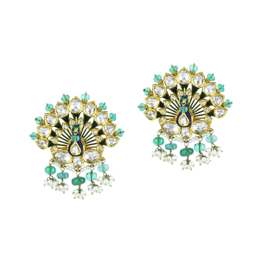 Peacock Polki Earrings with Emerald Beads and Pearl Cluster