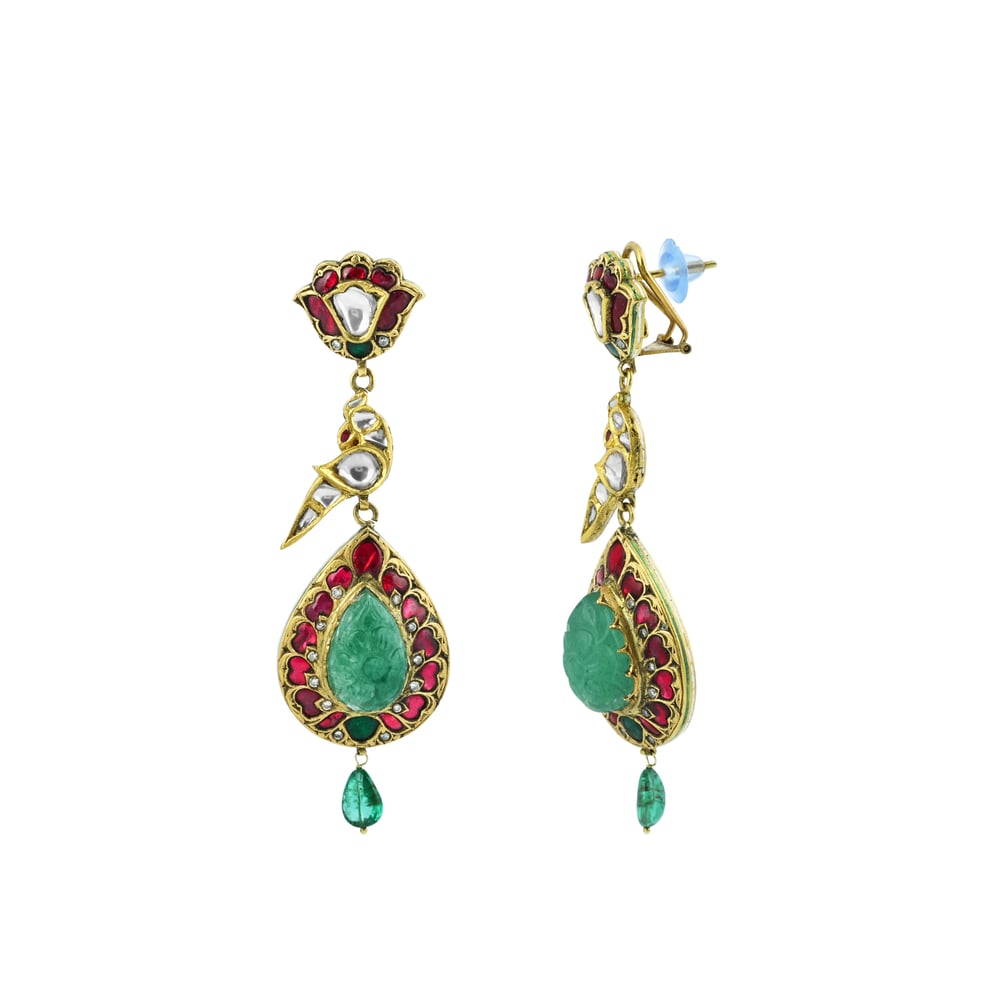 Emerald Bead Necklace Set with Red Talaf Pendant and Polki