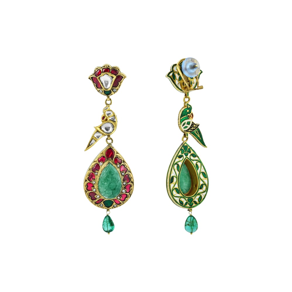 Emerald Bead Necklace Set with Red Talaf Pendant and Polki