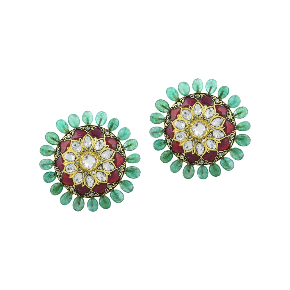 Floral Polki Stud Earrings with Red Talaf and Emerald Studded