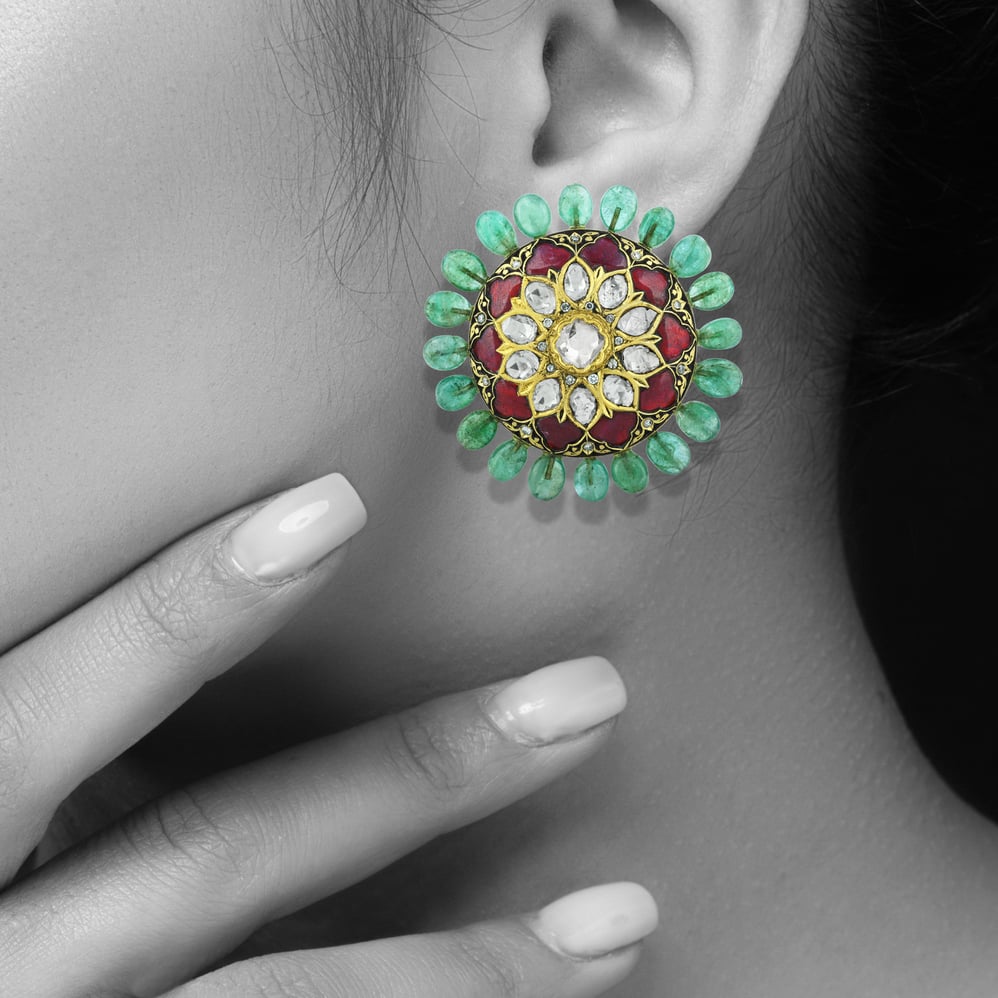 Floral Polki Stud Earrings with Red Talaf and Emerald Studded