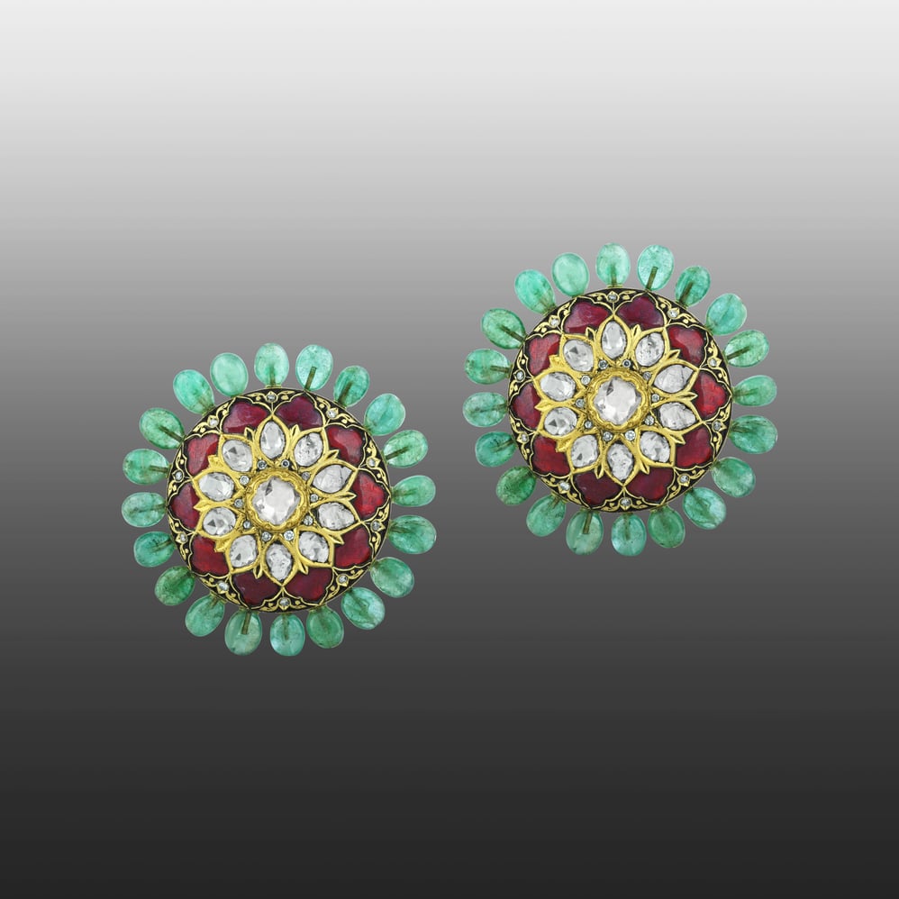 Floral Polki Stud Earrings with Red Talaf and Emerald Studded