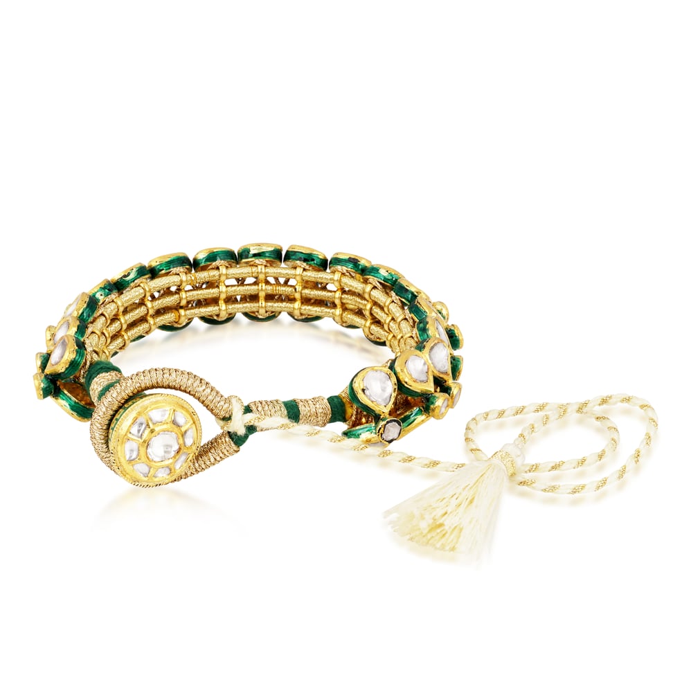 Pochi Bangle with Polki Diamonds and Green Enamel Accents