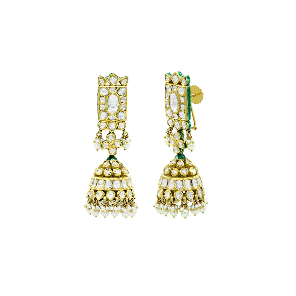 Gold Jhumki Earrings with Polki, Ivory Finish, and Pearls