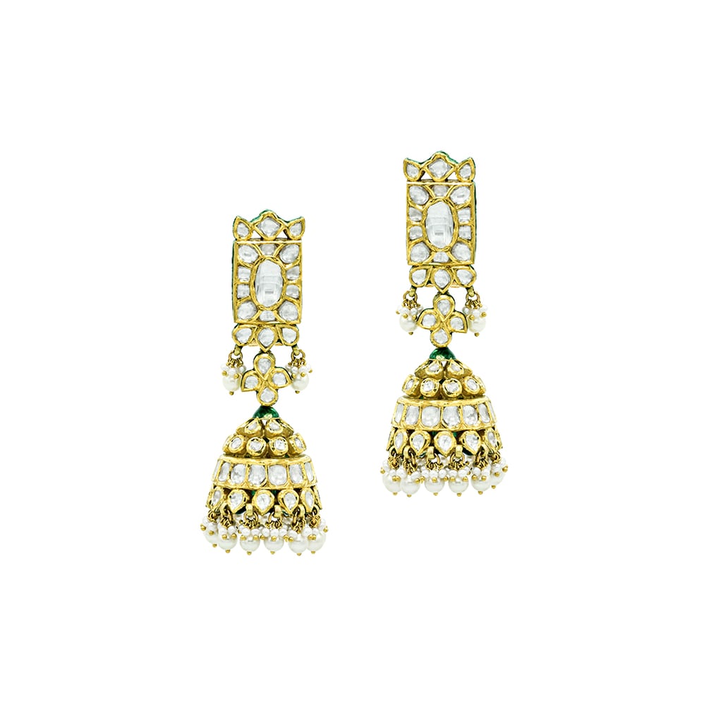 Gold Jhumki Earrings with Polki, Ivory Finish, and Pearls