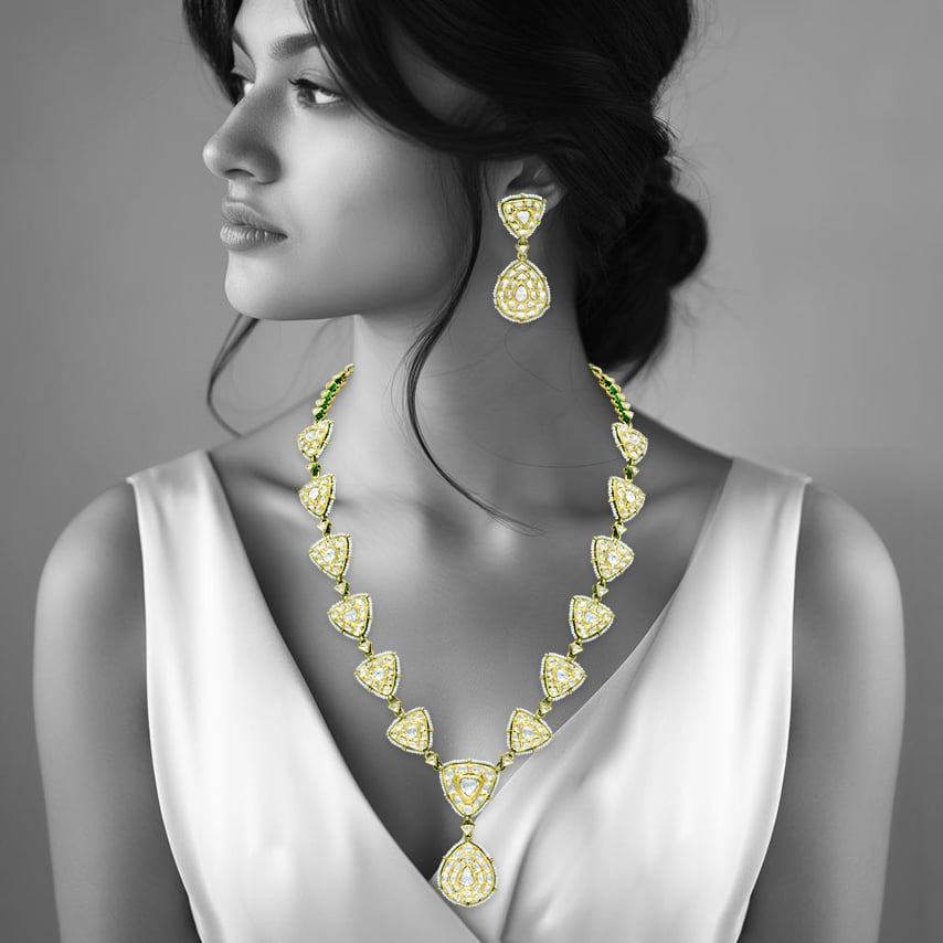 Gold Polki Necklace with Triangular and Teardrop Motifs