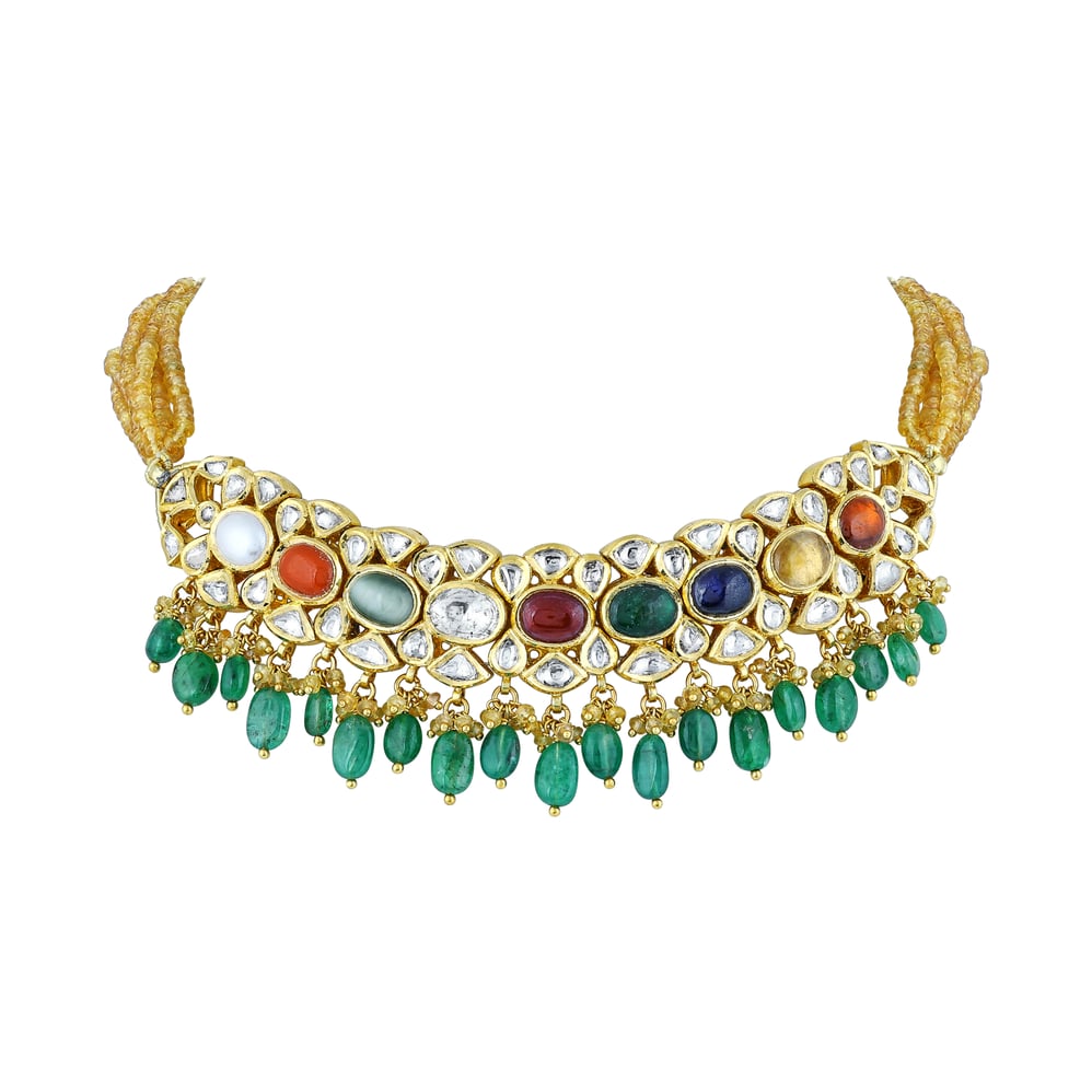 Navratana Choker with Polki Diamonds and Emerald Beads