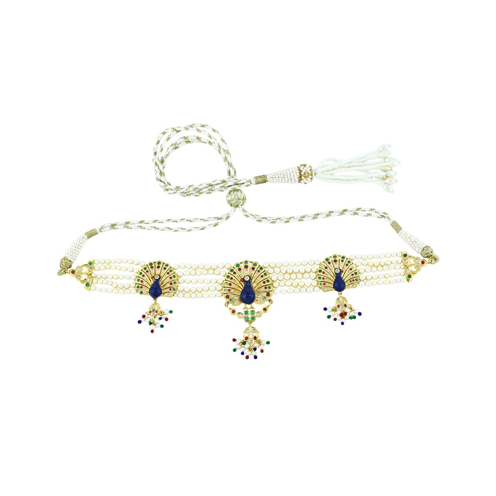 Peacock Enamel Pearl Choker with Gemstones & Bead Drops