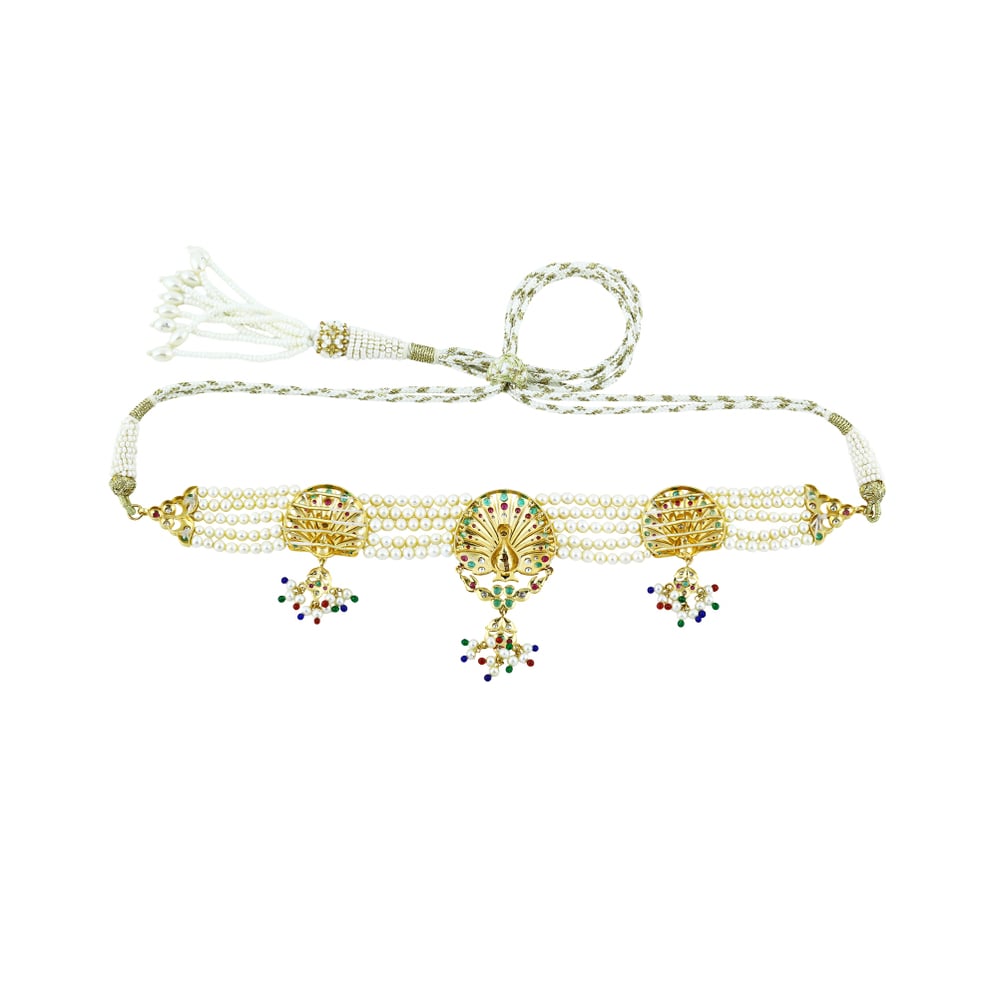 Peacock Enamel Pearl Choker with Gemstones & Bead Drops