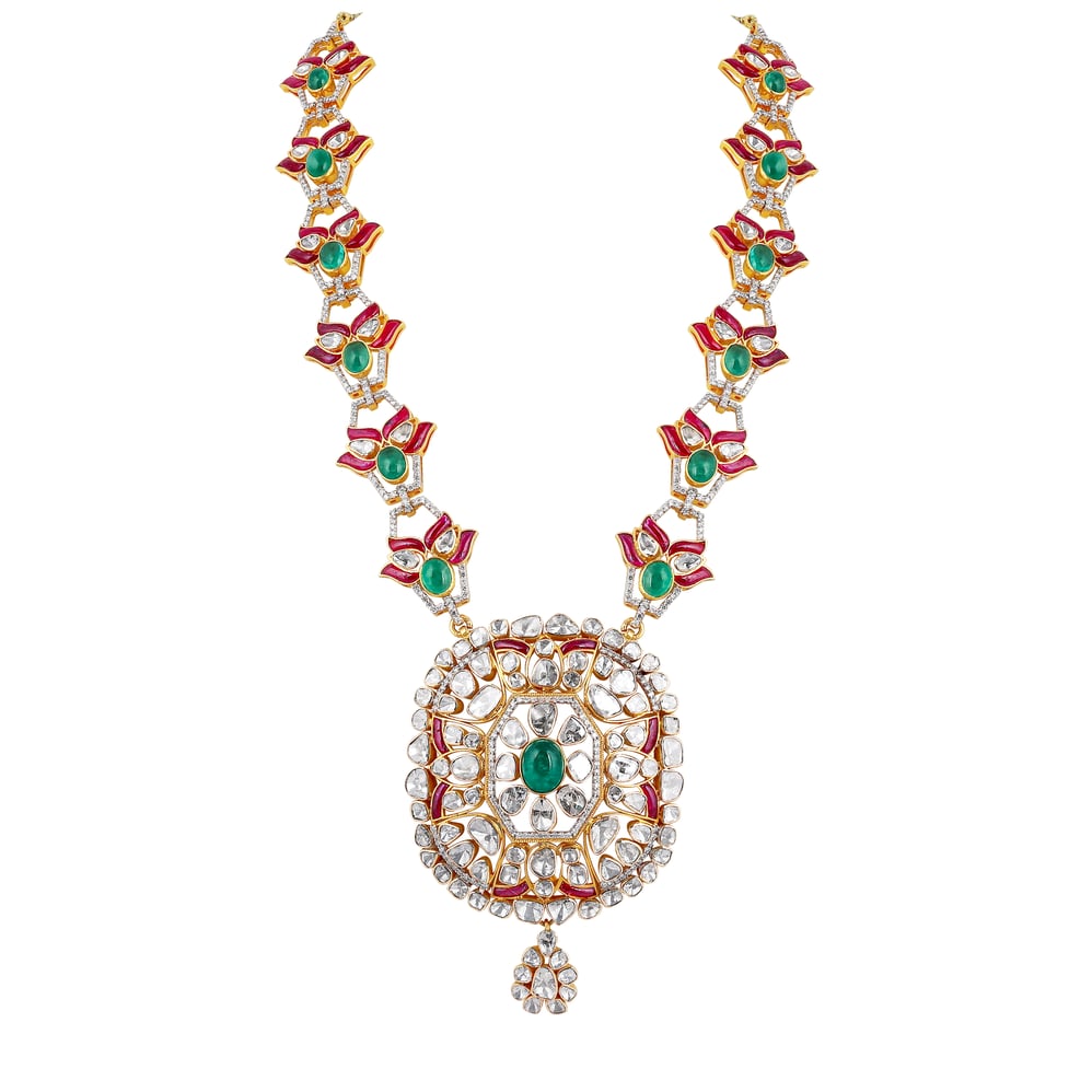 Emerald & Ruby Cabochon Necklace with Diamond Polki Halo