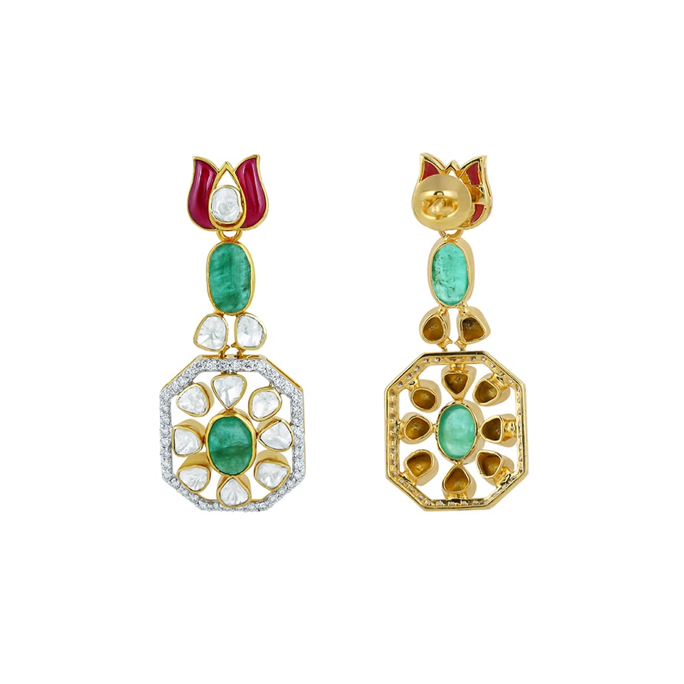 Ruby & Emerald Earrings with Diamond Polki Halo