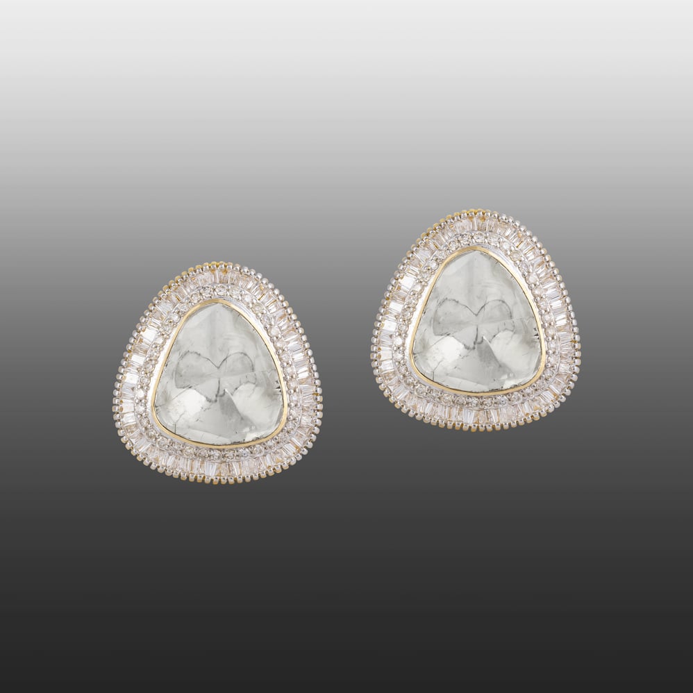 Triangular Stud Earrings with Channel Setting Diamond Halo