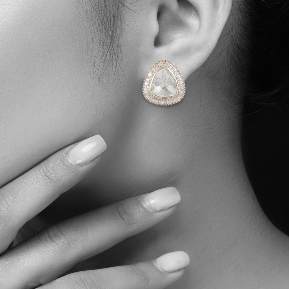 Triangular Stud Earrings with Channel Setting Diamond Halo