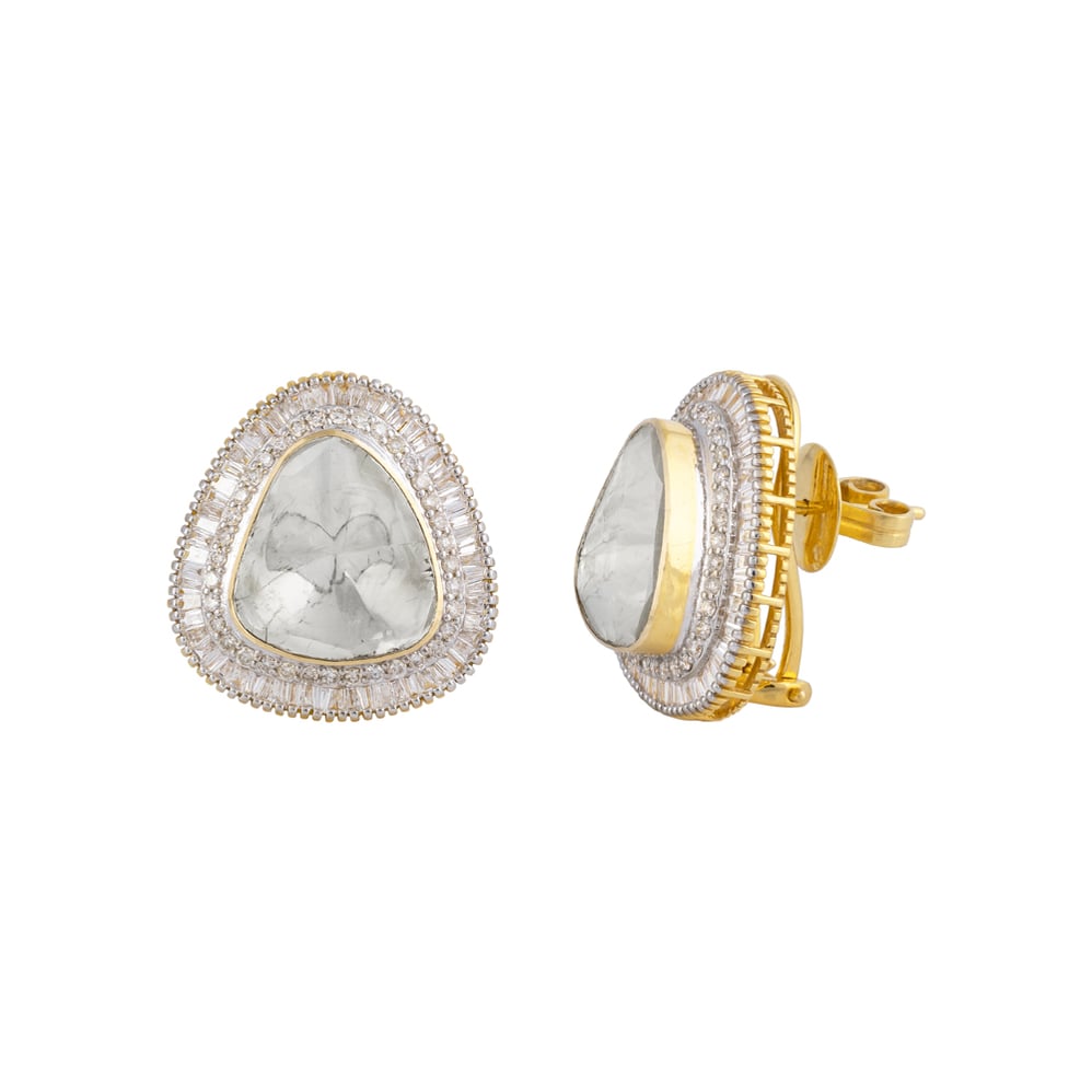 Triangular Stud Earrings with Channel Setting Diamond Halo