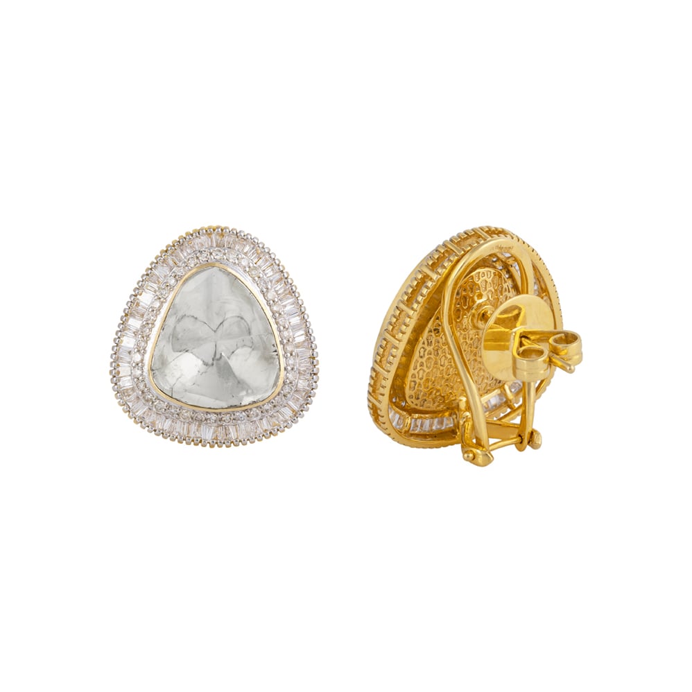 Triangular Stud Earrings with Channel Setting Diamond Halo