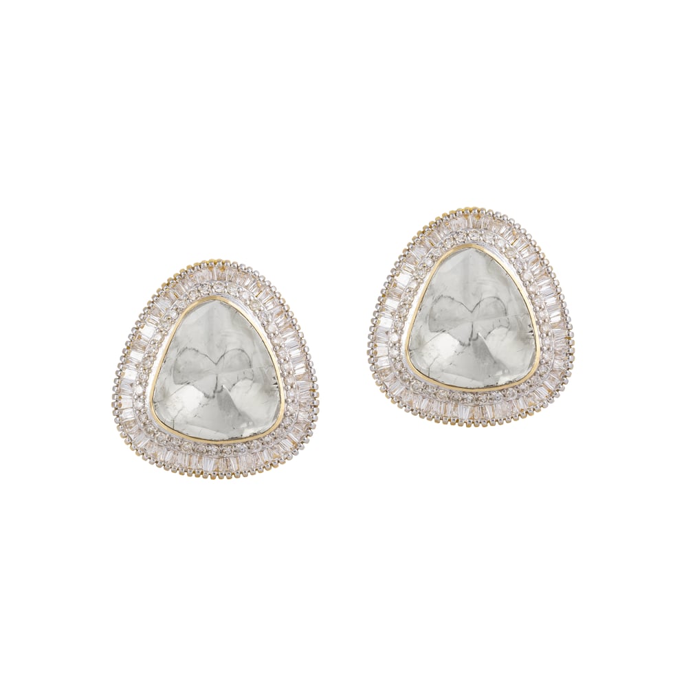 Triangular Stud Earrings with Channel Setting Diamond Halo