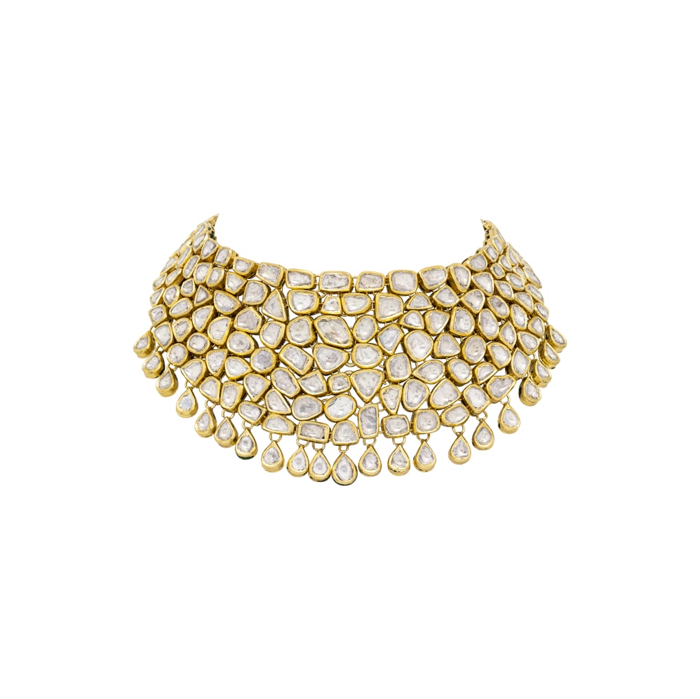 Regal Gold Choker Polki Cluster with Uncut Diamonds & Pear-Shaped Drops