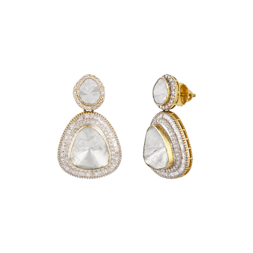 Triangular Polki Earrings with Double-Tier Design
